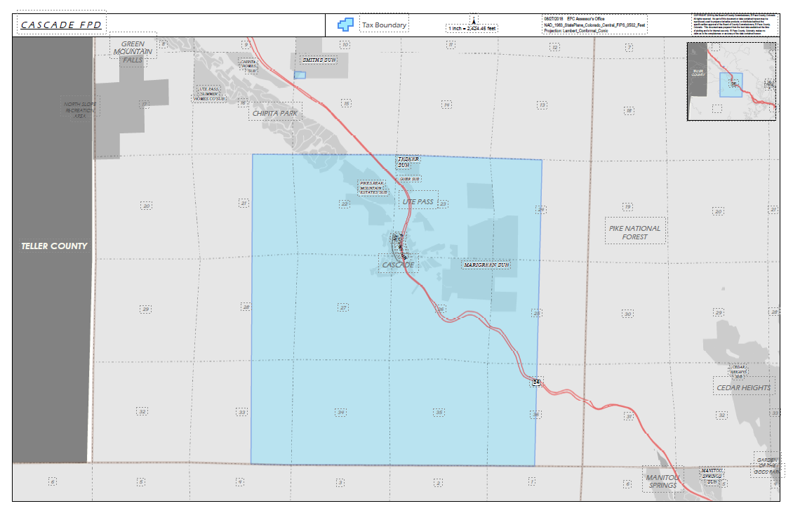 Map showing the Cascade Fire Protection District tax boundary in Teller County, Colorado, highlighted in blue, with Highway 24 running through the district.